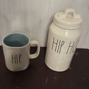 Rae Dunn HIP Mug and HOP Canister Set - Cream and Blue